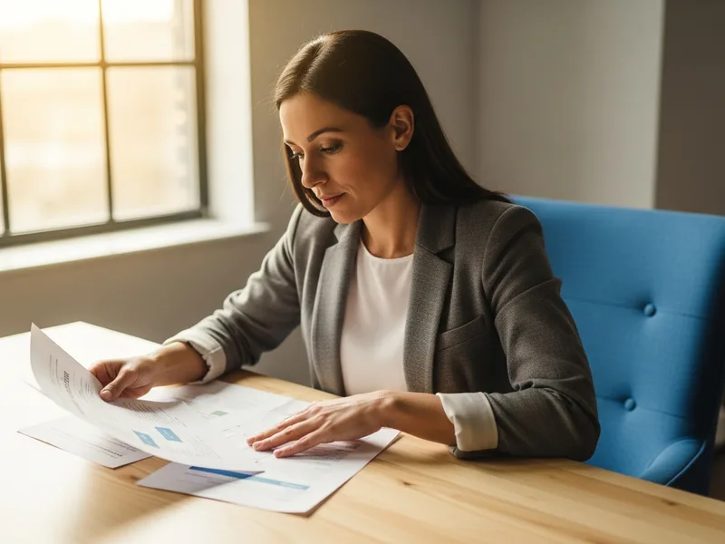 Senior TypeScript developer reading through printed architecture notes at a bright desk with a blue accent chair, KORE1 TypeScript developer staffing
