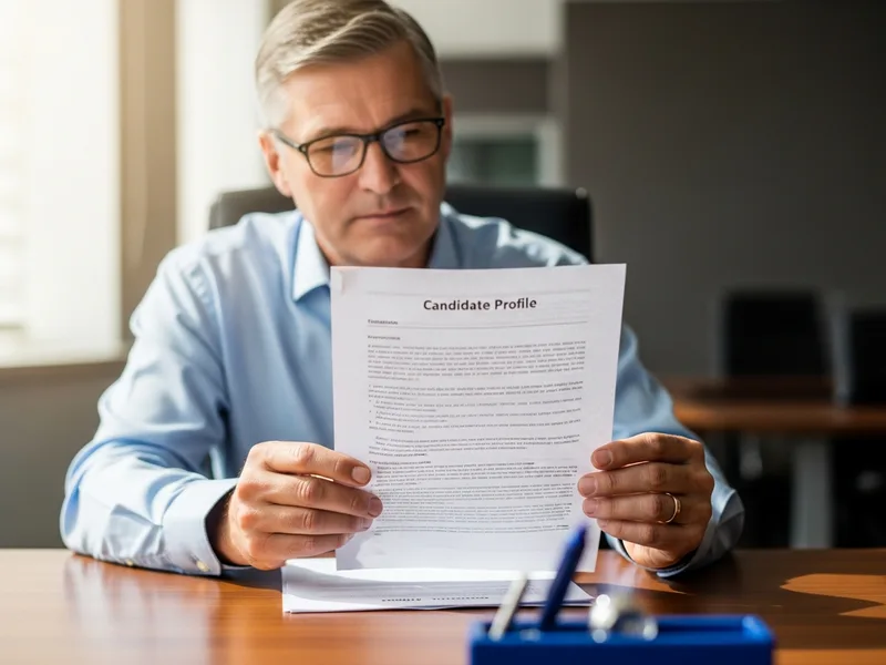 Experienced KORE1 technology recruiter reviewing a printed TypeScript candidate profile at a warm office desk, TypeScript staffing agency