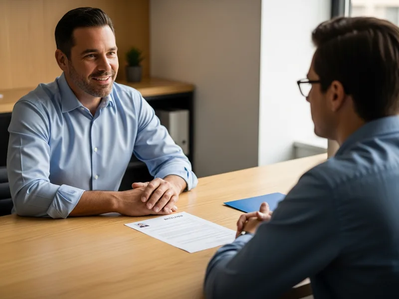 KORE1 technical recruiter and a TypeScript candidate talking through a printed resume across a meeting table, TypeScript staffing screen