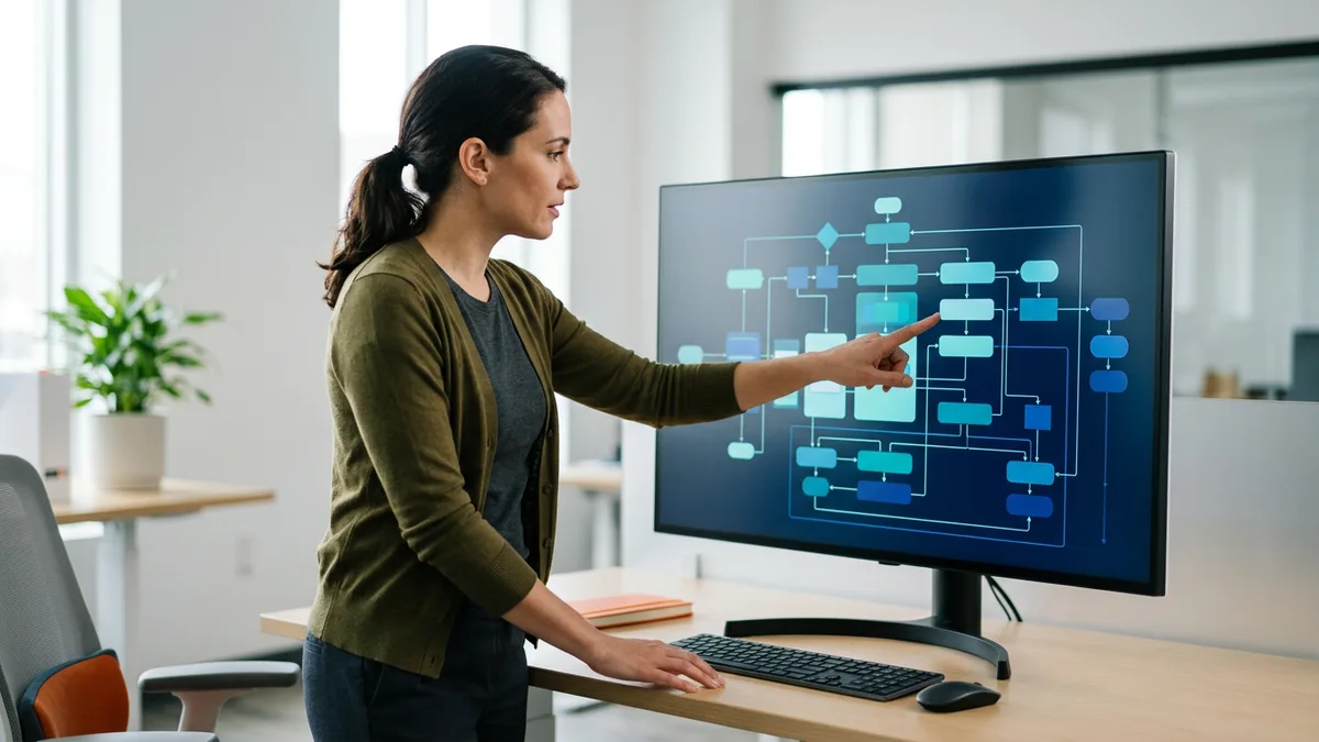 Security engineer reviewing an abstract AI model pipeline flowchart on a large screen