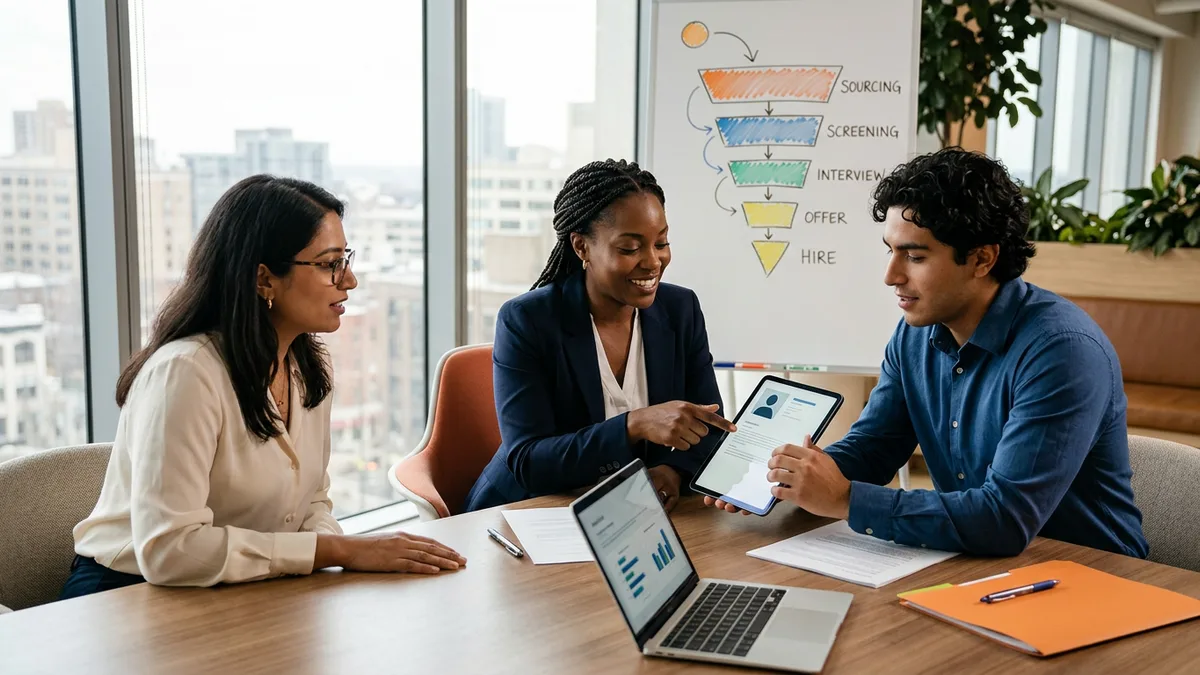 Diverse KORE1 recruiters reviewing cybersecurity candidate profiles at a conference table