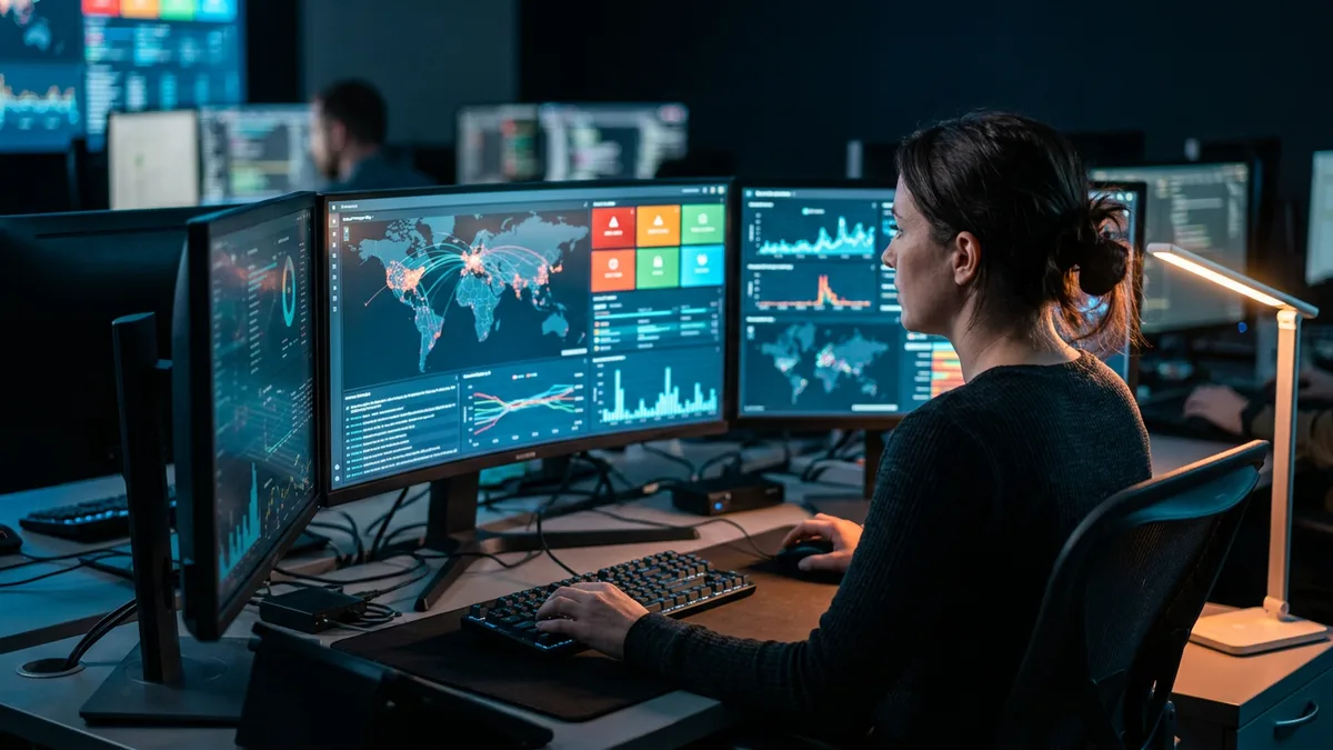 Cybersecurity analyst monitoring threat maps and colored alert tiles across multiple SOC monitors