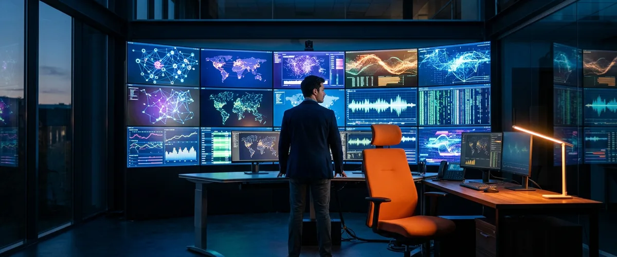 Security analyst overseeing AI-driven threat dashboards in a cybersecurity operations center