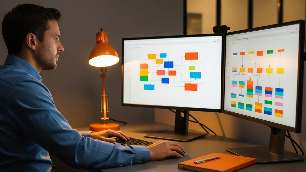 Workday integration and reporting consultant at a dual-monitor workstation reviewing abstract data flow diagrams and dashboards