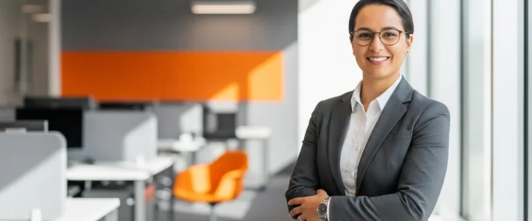 Confident Workday HR technology consultant standing in a modern office with orange accent walls