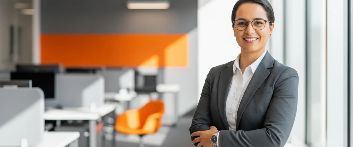 Confident Workday HR technology consultant standing in a modern office with orange accent walls