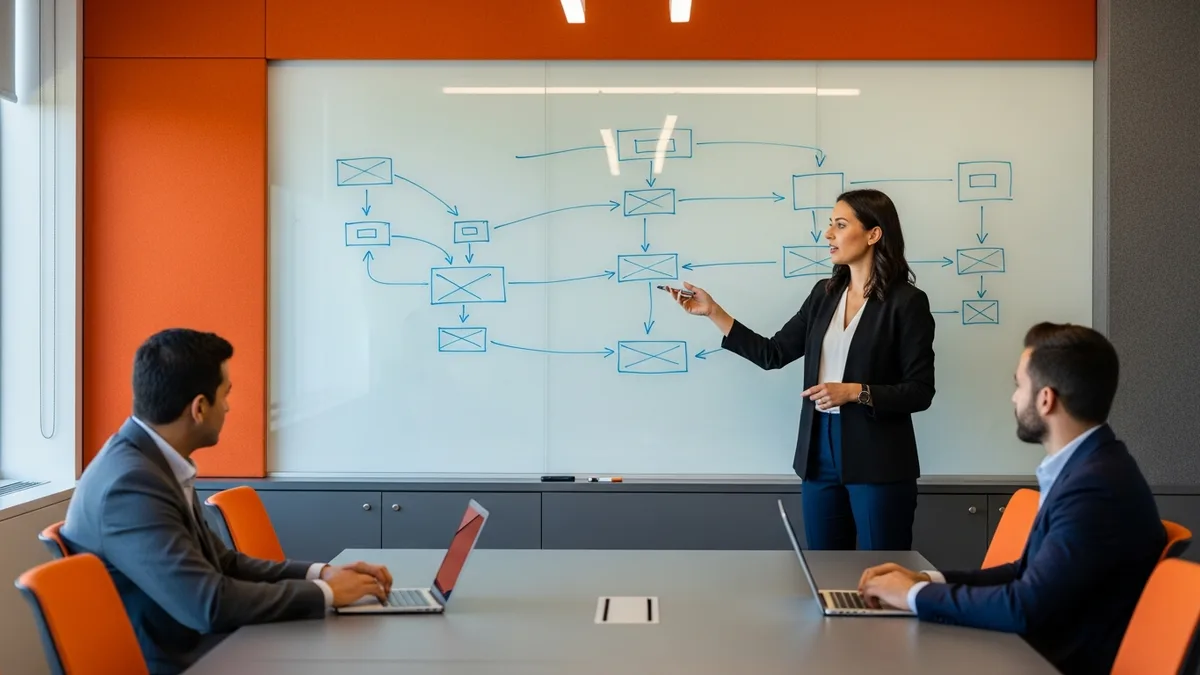 Workday consultant leading an implementation session at a whiteboard covered with an abstract business process flow diagram