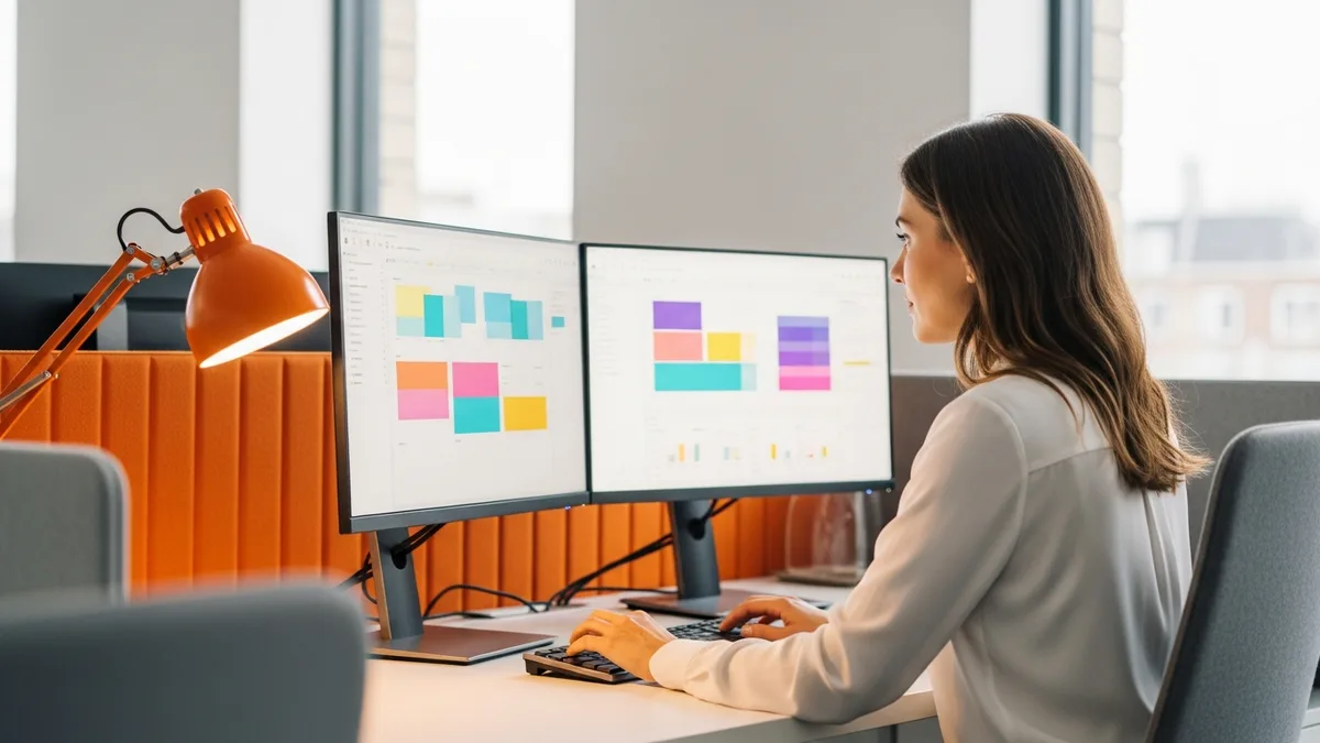 Workday consultant reviewing HCM and Financials dashboards at a dual-monitor workstation