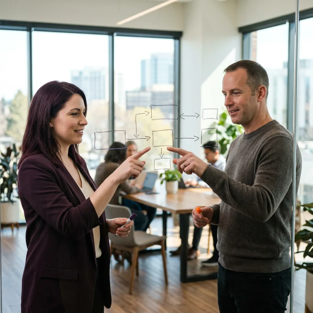 A KORE1 Workday recruiter and a hiring manager scoping a role at a glass whiteboard covered in a deployment timeline