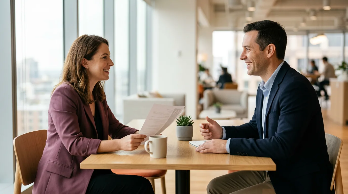 KORE1 Workday recruiter meeting a Workday consultant candidate across a table in a bright modern office