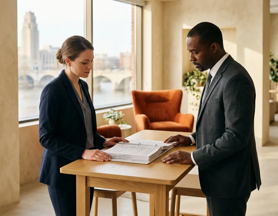 Two finance colleagues reviewing a printed month-end close binder in a Columbus office with the downtown skyline and the Scioto River bridges behind them, KORE1 accounting staffing in Columbus, Ohio