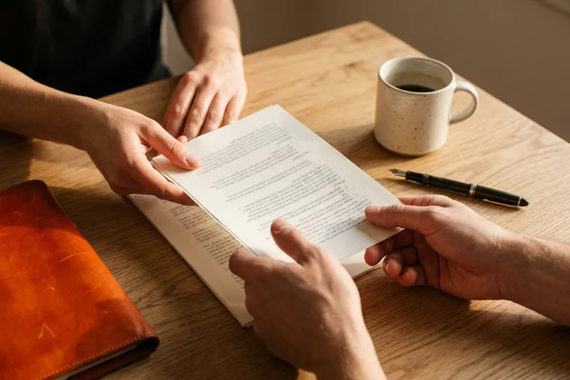 Hands passing printed candidate summaries across a desk during an accounting hire sign-off in a Columbus office