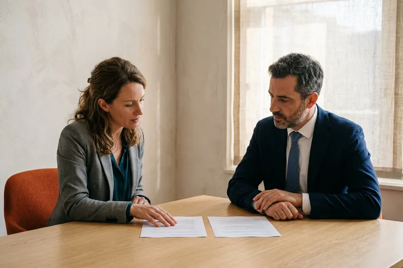 KORE1 recruiter and a Columbus finance hiring manager comparing printed candidate summaries across a conference table
