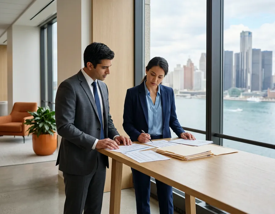 Two finance colleagues reviewing printed cost reports in a Detroit office with the downtown skyline and the Detroit River behind them, KORE1 accounting staffing in Detroit
