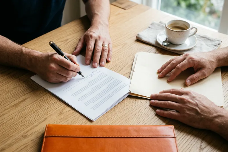 Hands finalizing an accounting hire at a desk in a Detroit office
