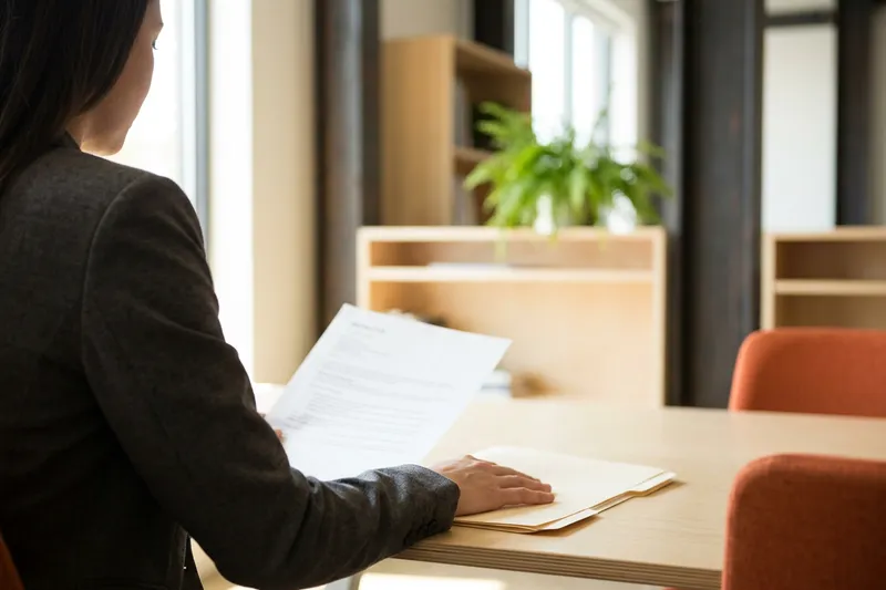 KORE1 recruiter and a finance hiring manager reviewing a printed cost variance report for a Detroit finance team