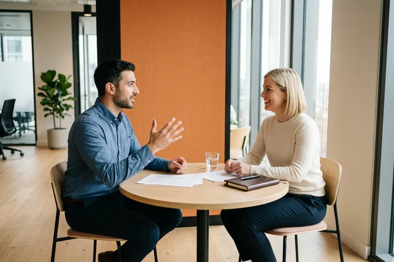 Finance hiring manager and KORE1 recruiter comparing contract and direct-hire options in a Detroit office