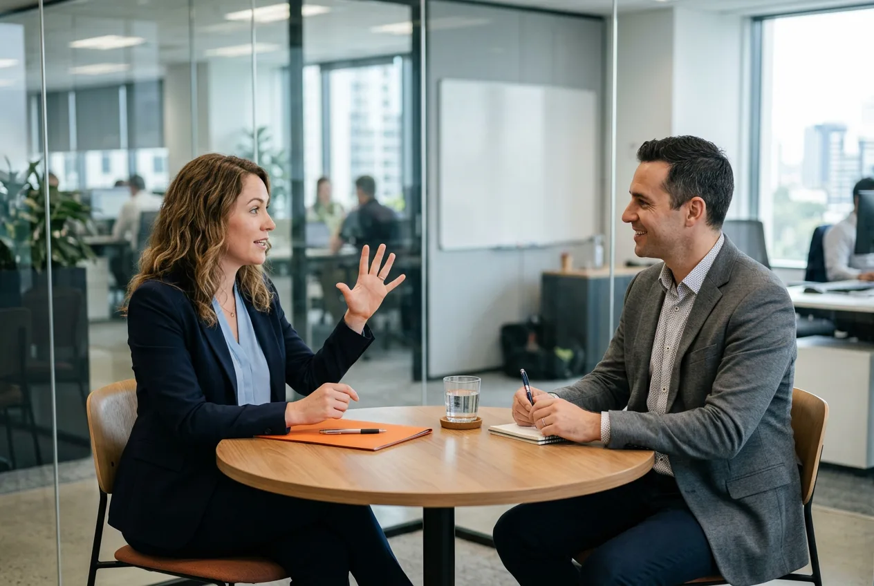Finance hiring manager and KORE1 recruiter comparing contract and direct-hire options in Irvine