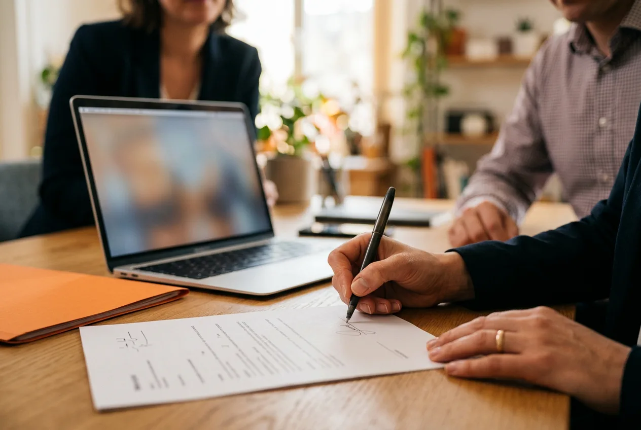 Hands reviewing and signing an accounting hire agreement beside a laptop in an Irvine office