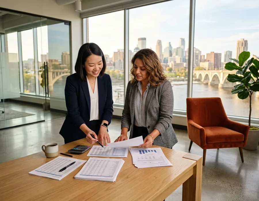 Accounting and finance colleagues reviewing printed financial statements in a Minneapolis office with the downtown skyline and the Mississippi River behind them, KORE1 accounting staffing in Minneapolis