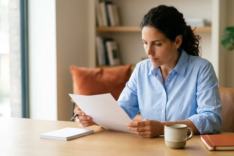 KORE1 recruiter reviewing a printed accountant candidate summary for a Minneapolis finance team