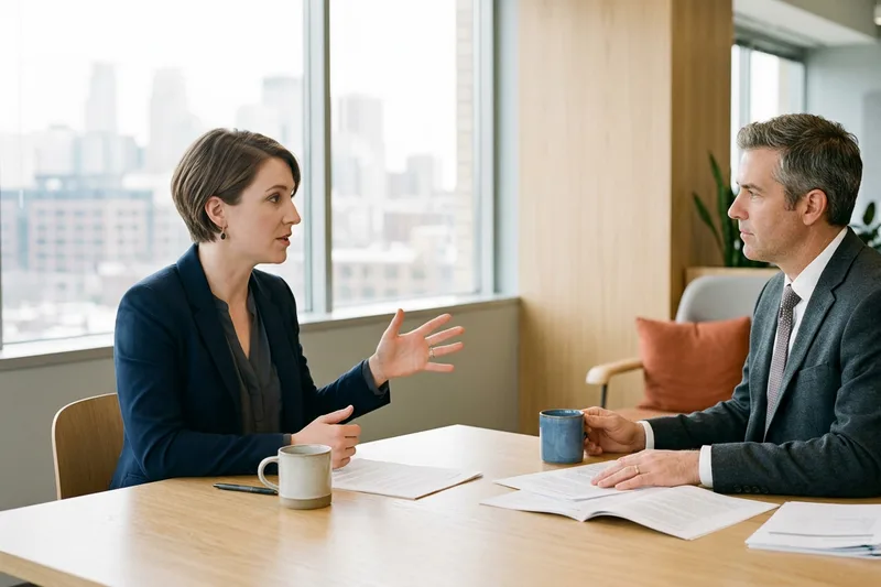 Finance hiring manager and KORE1 recruiter comparing contract and direct-hire options in a Minneapolis office