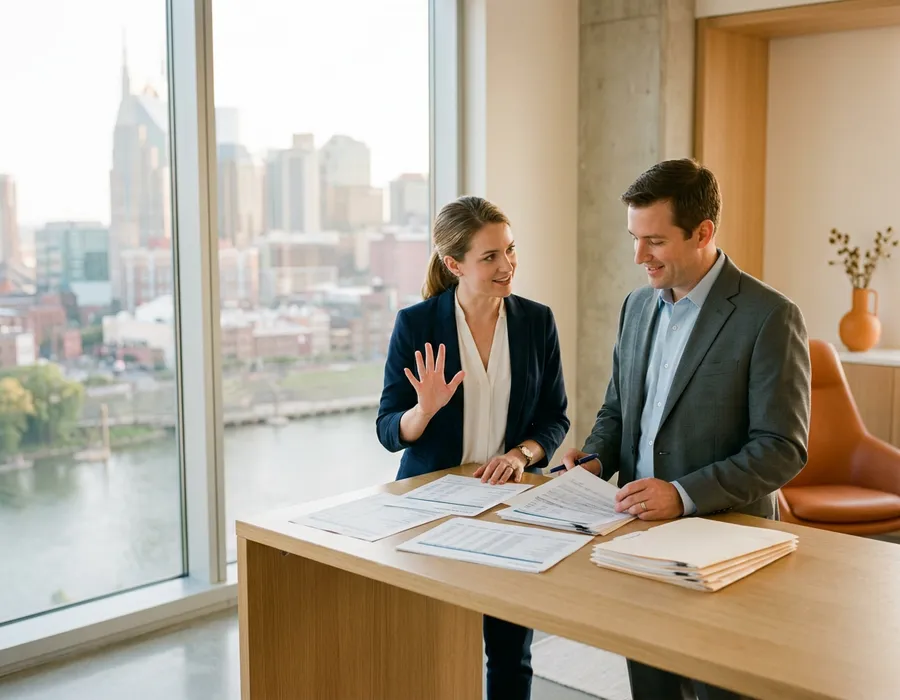Accounting and finance colleagues reviewing printed financial statements in a Nashville office with the downtown skyline and the Cumberland River behind them, KORE1 accounting staffing in Nashville