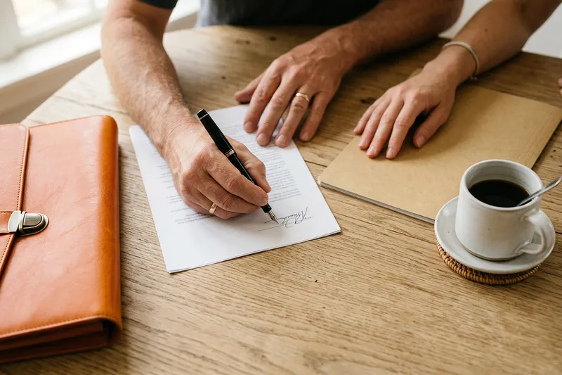 Hands finalizing an accounting hire at a desk in a Nashville office