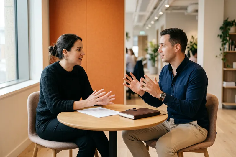 Finance hiring manager and KORE1 recruiter comparing contract and direct-hire options in a Nashville office