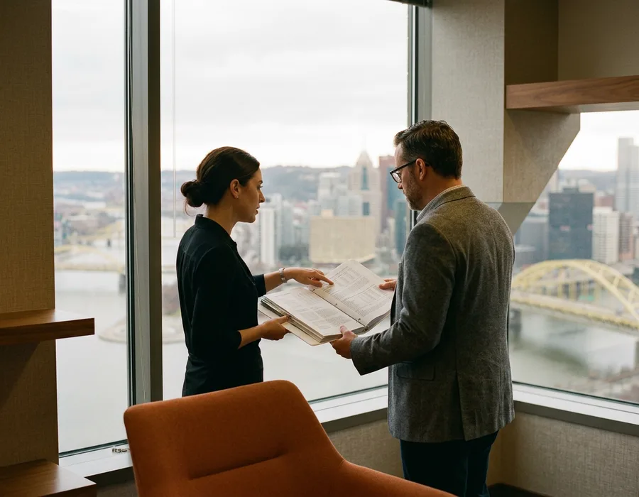 Two finance colleagues reviewing a printed close binder in a Pittsburgh office with the downtown skyline, the three rivers, and a gold bridge behind them, KORE1 accounting staffing in Pittsburgh