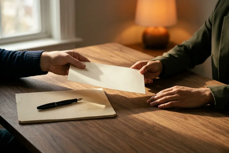 Hands signing off on an accounting hire across a desk with printed candidate summaries in a Pittsburgh office