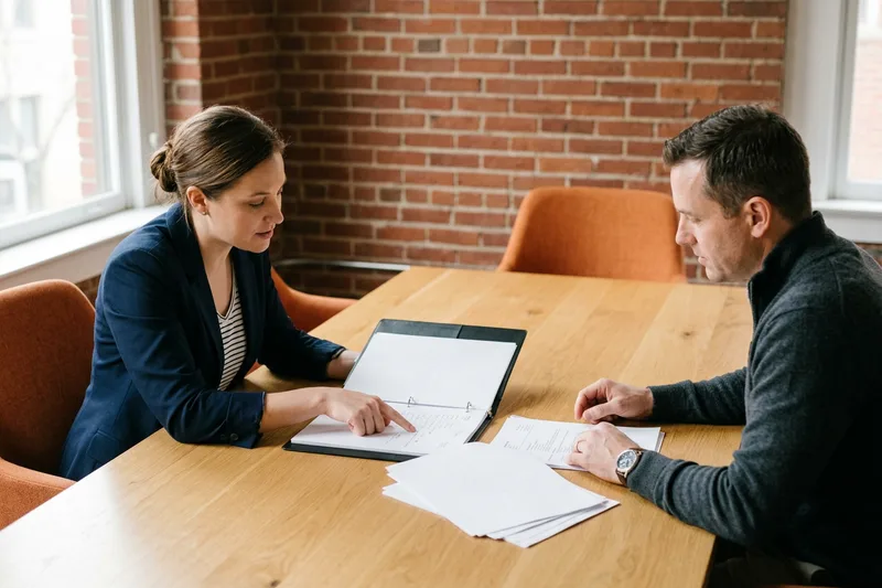 KORE1 recruiter and a Pittsburgh finance hiring manager reviewing a printed month-end close binder together at a conference table