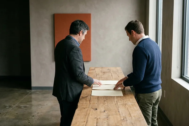 Finance hiring manager and KORE1 recruiter comparing contract and direct-hire staffing options in a Pittsburgh office