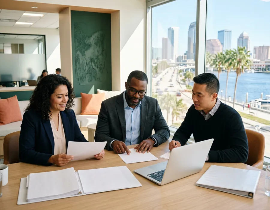 Accounting and finance colleagues reviewing printed financial statements in a downtown Tampa office with the waterfront skyline and palm trees behind them, KORE1 accounting staffing in Tampa