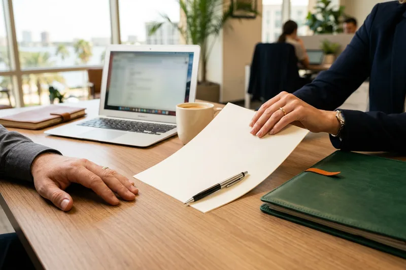 Hands finalizing an accounting hire at a desk in a Tampa office