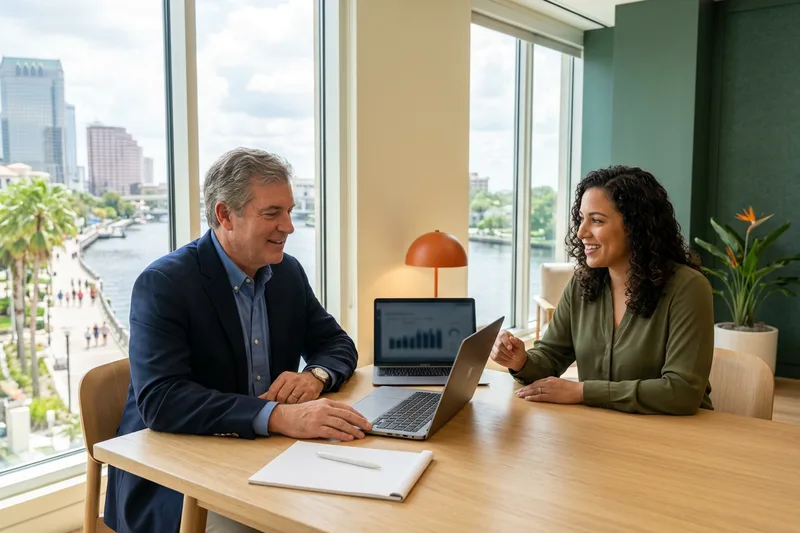 Finance hiring manager and KORE1 recruiter comparing contract and direct-hire options in a Tampa office