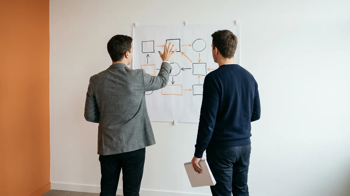 Two colleagues mapping agentic AI workflow steps as boxes and arrows on paper before choosing any tool
