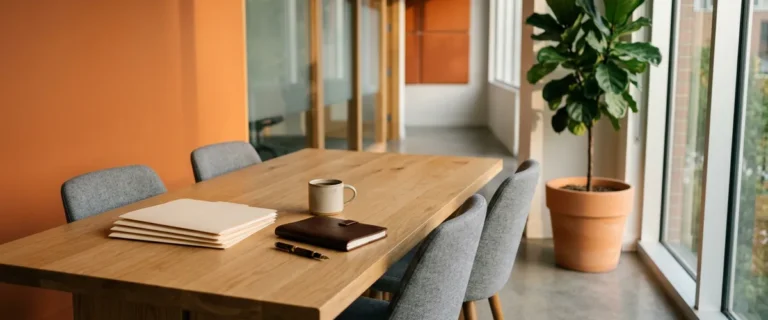 Empty modern office breakout corner with an orange accent wall, used to introduce building a first agentic AI workflow