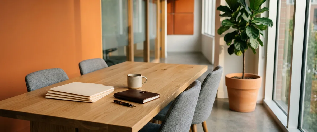 Empty modern office breakout corner with an orange accent wall, used to introduce building a first agentic AI workflow