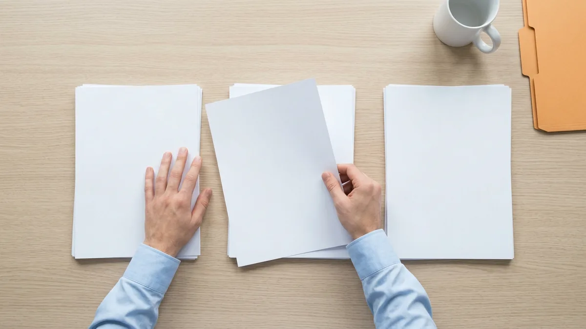 Hands sorting paper into three stacks, illustrating task selection for a first agentic AI workflow