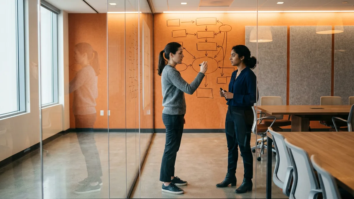 Two engineers diagramming a code review workflow on a glass whiteboard beside an orange accent wall