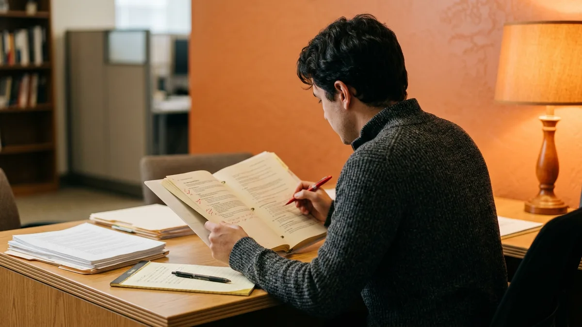 Software engineer marking up a printed approved specification in red pen before AI-assisted code generation