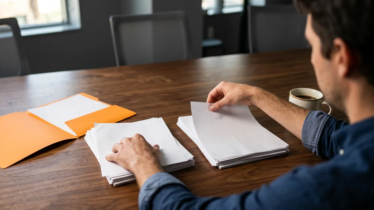 Hands sorting printed pull requests into two review stacks beside an orange file folder