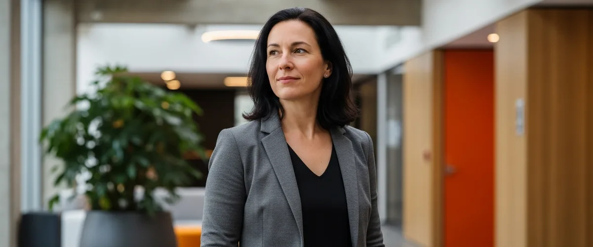 Vice President of Engineering standing in a modern office hallway, representing engineering leadership on AI code review governance