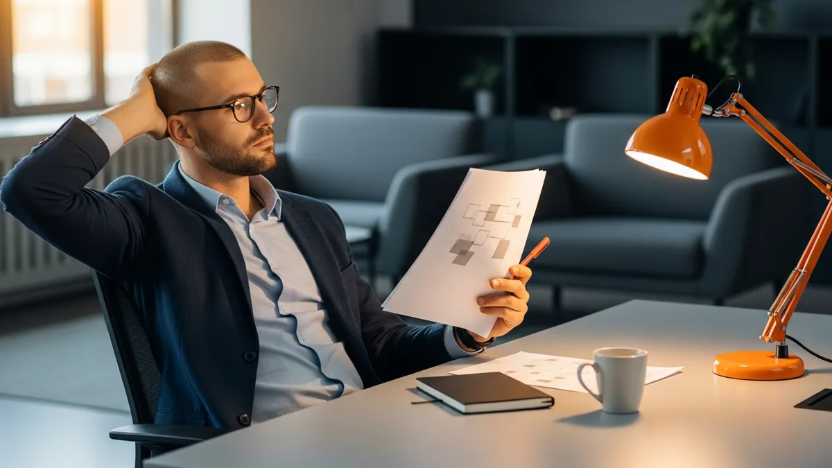 Senior software engineer reviewing a printed AI-flagged code change with a red pen