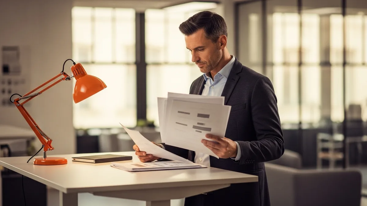 VP of Engineering reviewing printed AI code review findings at a standing desk