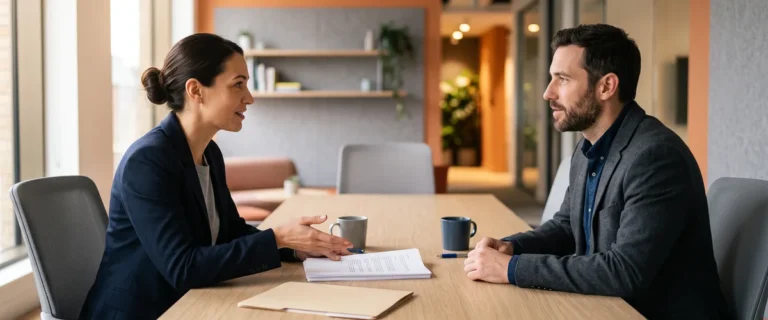 Hiring manager and staffing recruiter discussing AI engineer contract rates across a conference table