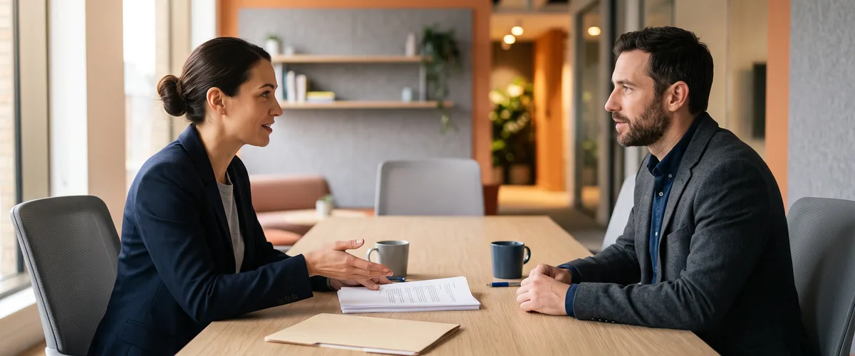 Hiring manager and staffing recruiter discussing AI engineer contract rates across a conference table