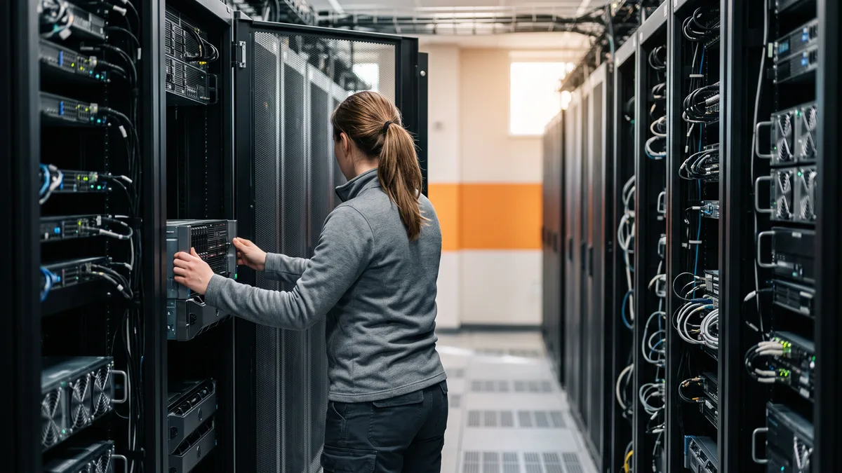 Engineer working on a rack-mounted GPU server, the compute cost line unique to AI engineer contracts