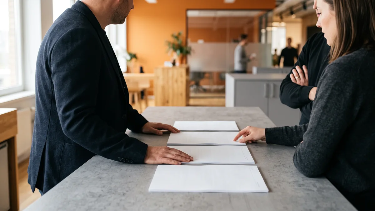 Hiring manager and recruiter comparing four printed AI engineer contract rate quotes side by side